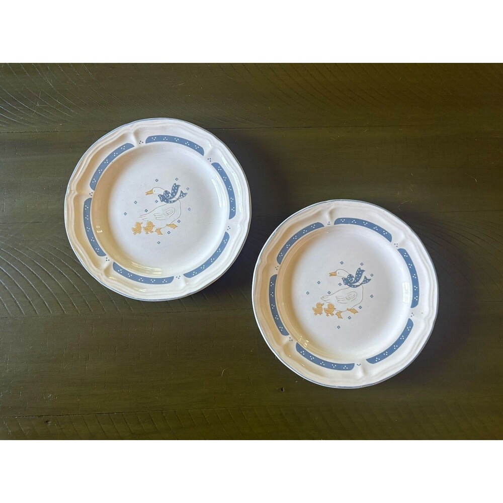 Set of 2 Home Style Country Goose Geese Stoneware Dinner Plates Cottagecore